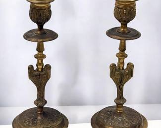 Pair Of Antique Bronze Candlestick Holders Decorated With Birds