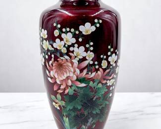 Vintage Japanese Red Cloisonne Vase With Floral Design