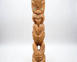 New Zealand Maori Wood Carved Totem Figure W/ Abalone Eyes