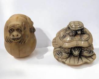 Pair Of Early Japanese Finely Carved Figures, One Signed