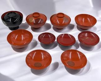 13 Piece Lot Of Japanese Red, Black, And Gilt Lacquered Sakazuki Cups And Bowls, Some Marked