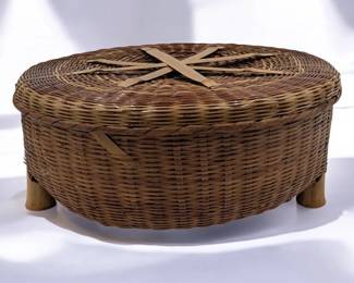Large Antique Japanese Woven Bamboo Three-Legged Lidded Storage Basket