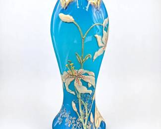 Large Vintage Hand Painted Glass Blue Vase With Gilt And Lily Design, Possibly Mont Joy