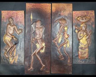 4Pc S.K. Bukasa Copper Vintage African Relief Sculptures