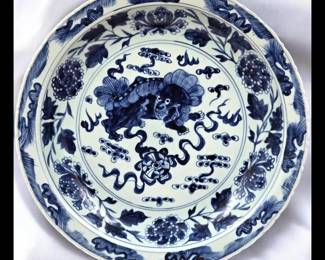 Large Chinese Blue And White Porcelain Charger With Six Character Marks Possibly Qing Dynasty
