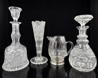 4Pc Lot Of ABP Cut Glass Decanters, Vase, And Wallace Sterling Base Cocktail Pitcher