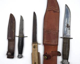 Lot Of 3 Vintage Knives And Leather Sheaths