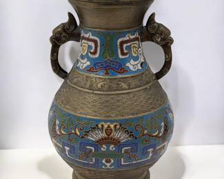 An Antique Japanese Bronze Champleve Vase With Figural Handles