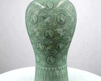 Korean Celadon Crackle Glaze Meiping Vase W/ Seal Mark, Storks Motif