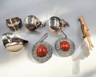 Lot Of 5 Mostly Sterling Silver Jewelry Pieces, Two Pairs Of Earrings, Two Rings, Coral Pin, 63 Gram