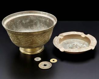 Antique Chinese Brass Bowl, Ashtray, & Coins
