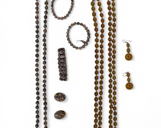 A Pair Of Old Beaded Jewelry Sets, Chinese Butterscotch Amber And Leopard Skin Jasper