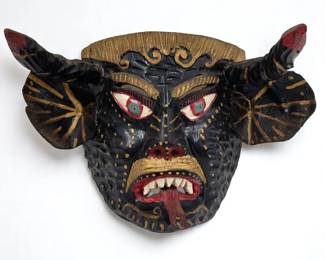 Mexican Folk Art Wood Carved Painted Devil Mask