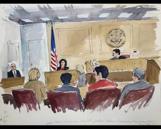 Set Of 11 Watercolor Courtroom Scene Paintings By Barbara Maxwell, Jesse Maali Hearing