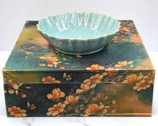 Chinese Song Style Ru Kiln Azure Glaze Ceramic Washer With Calligraphy And Decorative Box
