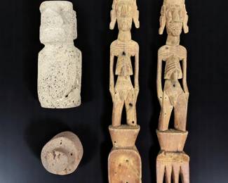Easter Island Mo'ai Kavakava Pair Of Wood Utensils & Pair Of Volcanic Rock Sculptures, 4 Pieces