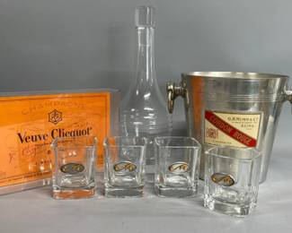 Veuve Clicquot tray, rocks glasses, decanter, ice bucket