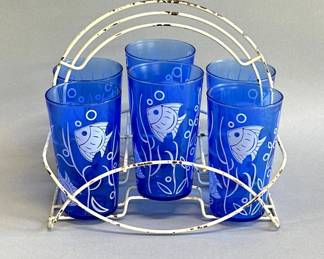 Vintage cobalt Hazel Atlas fish tumblers, caddy