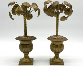 Marvelous pair brass palm tree in urn candlesticks