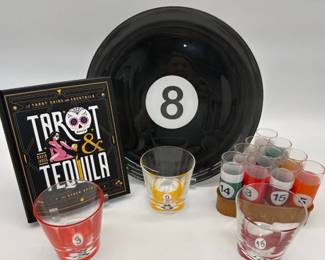 Billiard theme bar glasses, platter, cocktail book