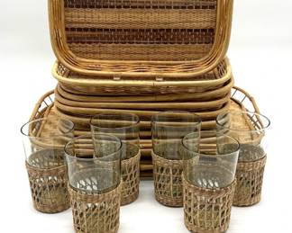 Rattan trays, glassware