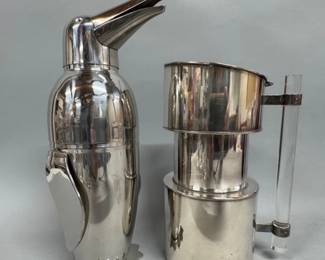Penguin shaker, vintage pitcher, tumblers