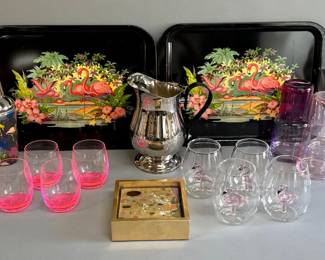 Flamingo, hot pink stemless glasses, shaker, trays, carafes