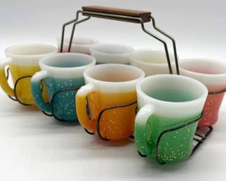 Vintage set of Fire-King "Glamalite" mugs in caddy