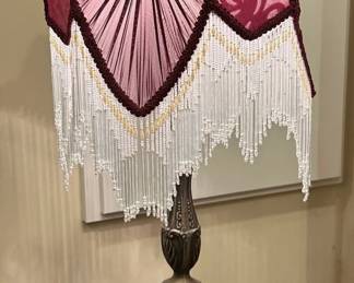Victorian Style Silk Burgundy Rose Maroon Shade Glass Beaded Fringe Brass Lamp