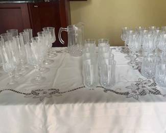 42 Various Diamond Cut Crystal Glasses and Pitcher
