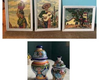 Mexican Artwork 3 and 2 Piece Talavera Pottery w Lids