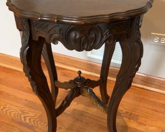 Vintage French Neoclassical Inlaid Marquetry Wood Side Table Ornate Legs