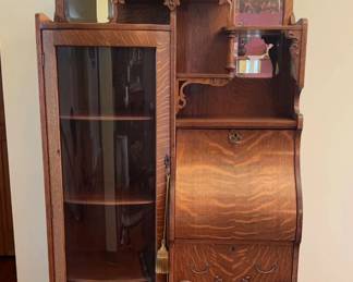 010 Antique Bowed Bent Glass Secretary Bookcase Desk