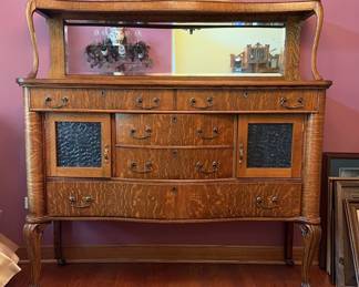 Antique Tiger Oak Buffet w Carved Accents And Beveled