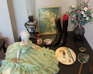 12 Piece Victorian Decor, Hurricane Lamp, Marie Antoinette Porcelain Doll
