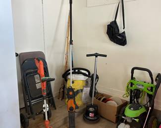 Extension chain saw for trees, shop vac (new), power washer, Oreck carpet shampooer