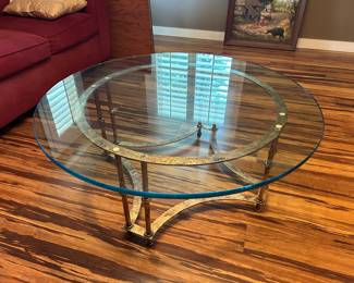 LaBarge Made in Spain Hollywood Regency coffee table. Gold finish, very thick custom glass top