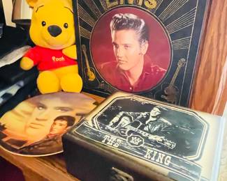 Large Elvis Presley collectible collection
Elvis coffee table book
Elvis The King cigar style Jewelry Box
Winnie the Pooh stuffy