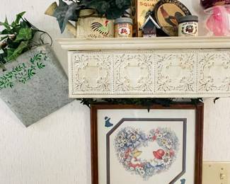 Framed wall decor, metal wall ledge, coastal cottage decor