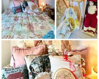 Queen bed. Bed linens, pillows, dolls.