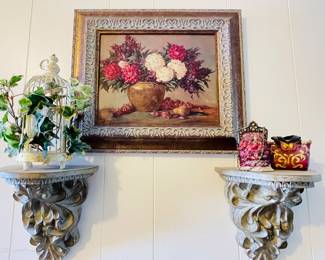 Framed print decor and wall shelves