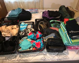 Super nice swimsuits and cover ups. Two piece, one piece, tops, bottoms. Beach towels, bags, purses and belts.