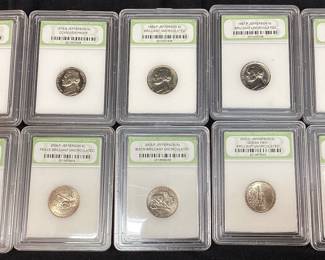 (10) GRADED JEFFERSON NICKELS, BRILLIANT UNCIRCULATED & DCAM GEM PROOF 1965-P, 1974-S, 1985-P, 1987-P, 1990-D, 2001-S, 2004-P PEACE, 2005-P BISON, 2005-D OCEAN VIEW, 2006-S RETURN TO MONTICELLO