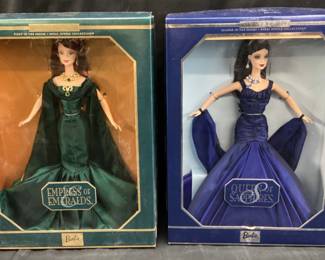 1999 EMPRESS OF EMERALDS & 2000 QUEEN OF SAPPHIRES BARBIES, ROYAL JEWELS COLLECTION- 1st & 2nd IN THE SERIES, NIB