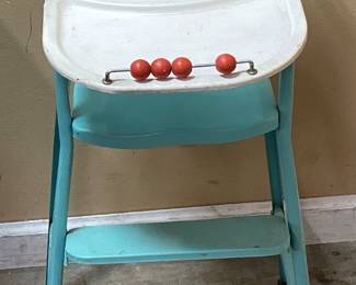 VTG. AMSCO BLUE METAL HIGH CHAIR, 30in H NO SHIPPING PICKUP ONLY