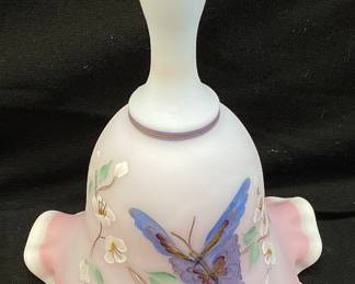 1999 FENTON BLUE BURMESE BUTTERFLY DESIGNER BELL, #1697/2500, HAND PAINTED, SIGNED VICKIE L ANDERSON, WITH BOX & COA