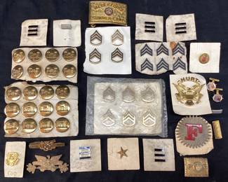ASSORTED MILITARY PINS, COLLECTIBLES, WW2 ENGINEERS, CHEVRON RANK PINS, VALLEY FORGE SUMMER CAMP BELT BUCKLE, OFFICER BADGE