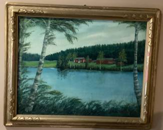 Wall Art Palm Trees lake and house