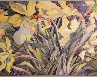 Wall Art Floralscape Mauve and Yellow Irises Oil Painting Fiona Craig