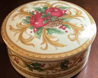 Gold with red flower round lidded container